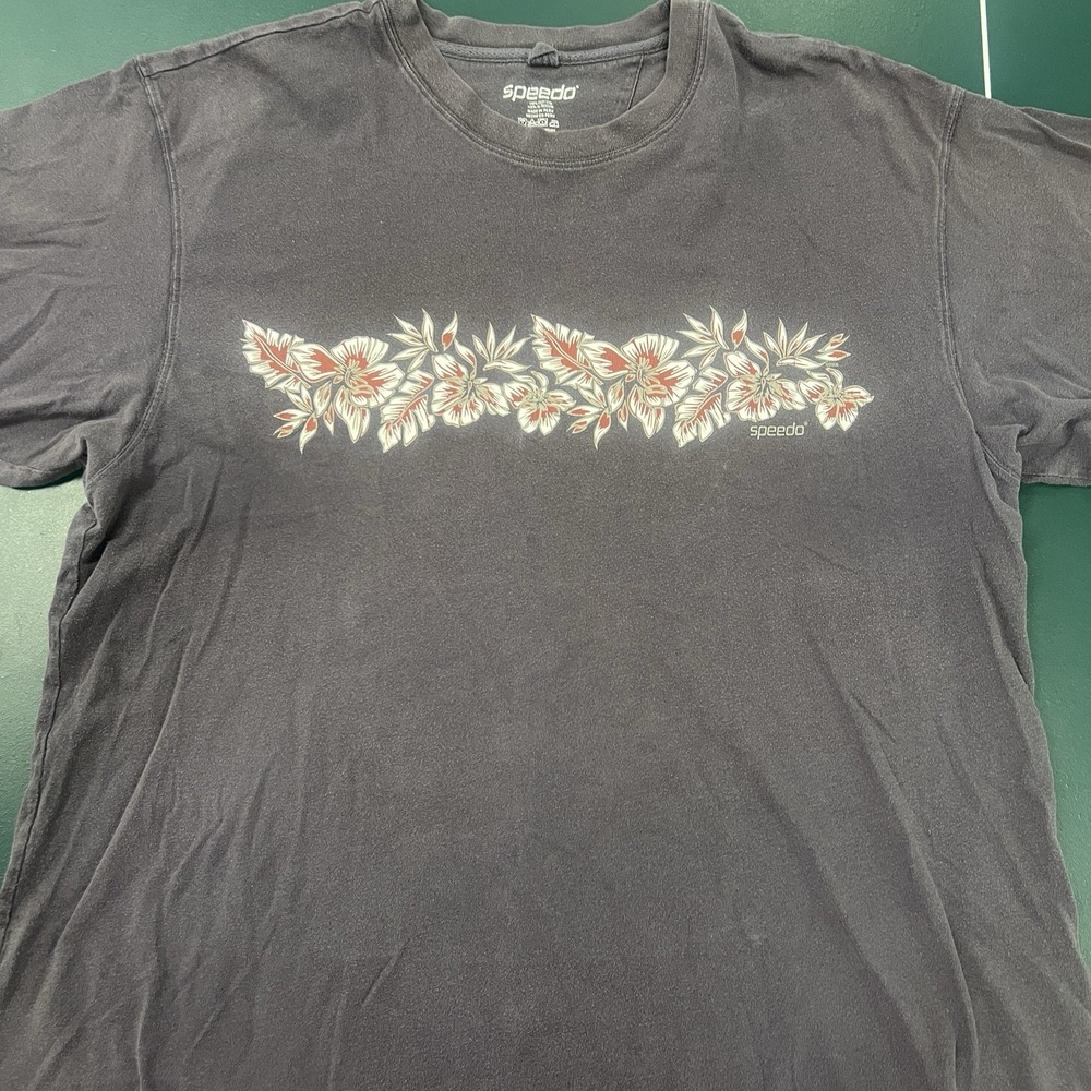 Speedo T-Shirt Mens Size XXL Dark Gray Cotton Hibiscus Floral Graphic Surf Tee